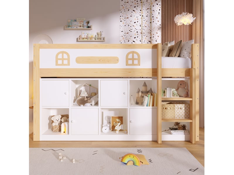  Lit simple mi-hauteur 90x200 cm avec tableau, rangements et échelle blanc naturel  - Conforama B