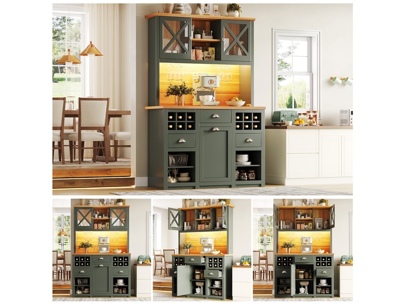 Armoire de cuisine haute 120cm buffet de cuisine vert avec portes en verre et éclairage led  - Conforama C