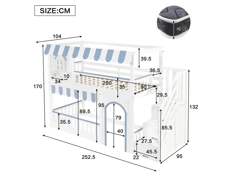 Lit superposé enfant 90x200 cm blanc et bleu avec escalier de rangement  - Conforama C
