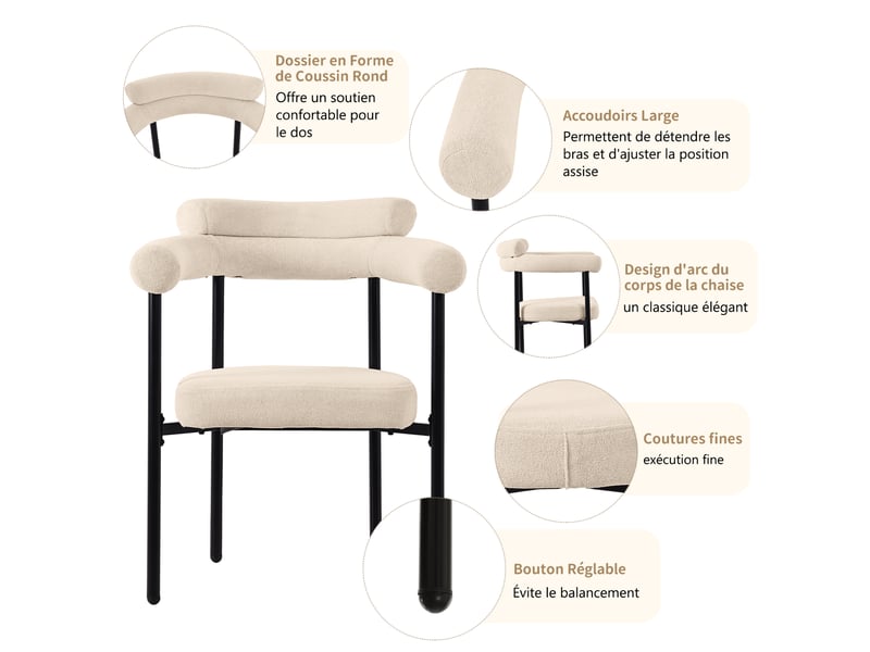 Chaises de salle à manger lot de 6 ergonomiques  - assise large rembourrée, suédine beige 70 × 62 × 84 cm  - Conforama E