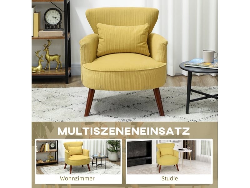  Fauteuil d'appoint moderne 69 x 69,5 x 78 cm, avec coussin lombaire lavable, tissu jaune, pieds en bois  - Conforama E