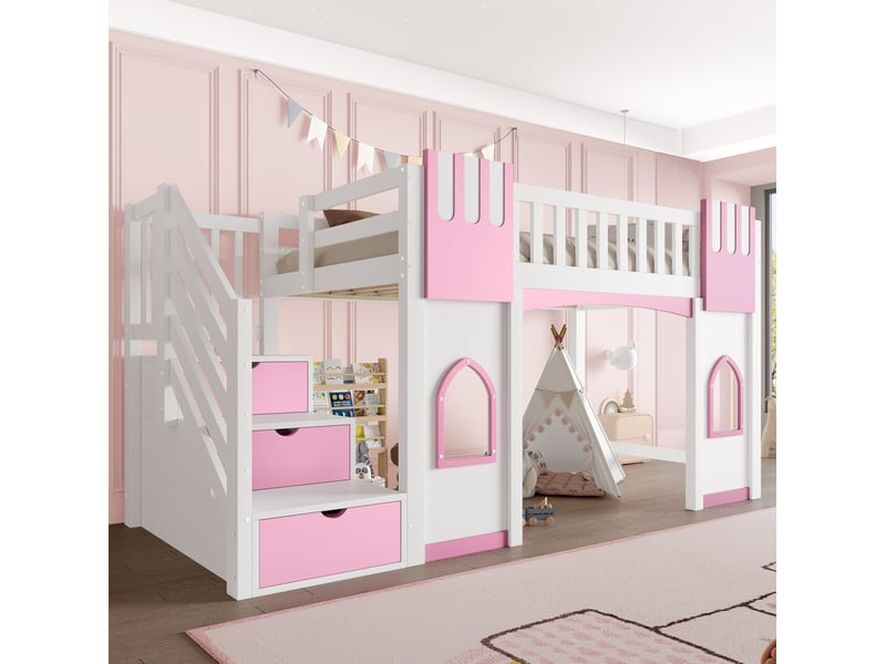  Lit surélevé enfant 90 x 200 cm avec escalier de rangement, blanc et rose  - Conforama B