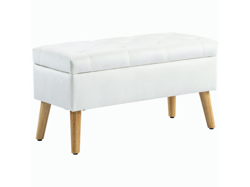  Banc coffre blanc rembourré effet velours, couvercle, bois d’hévéa, 102x35x43 cm, rangement  - Conforama A