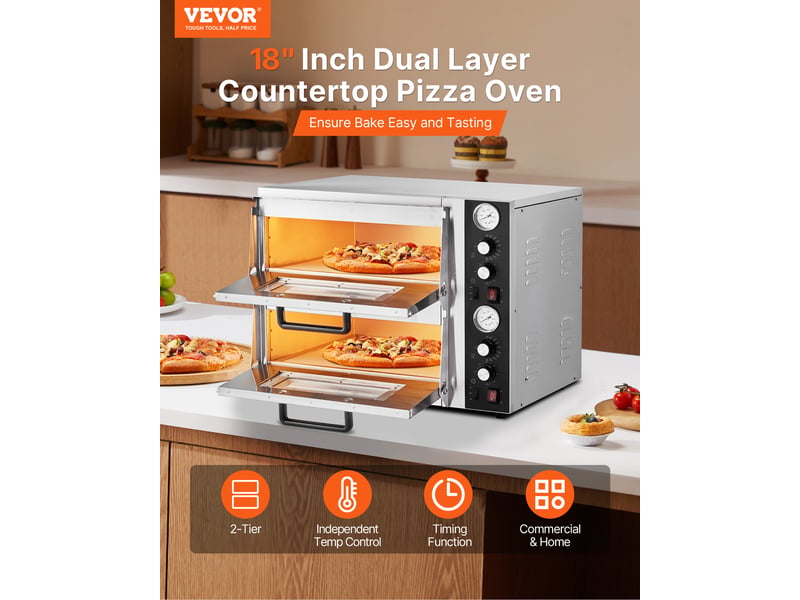  Vevor four à pizza électrique de comptoir 45,7 cm, 2 niveaux, contrôle indépendant température supérieure et inférieure, max. 450 °c, inox PSL-36-EU - Conforama B
