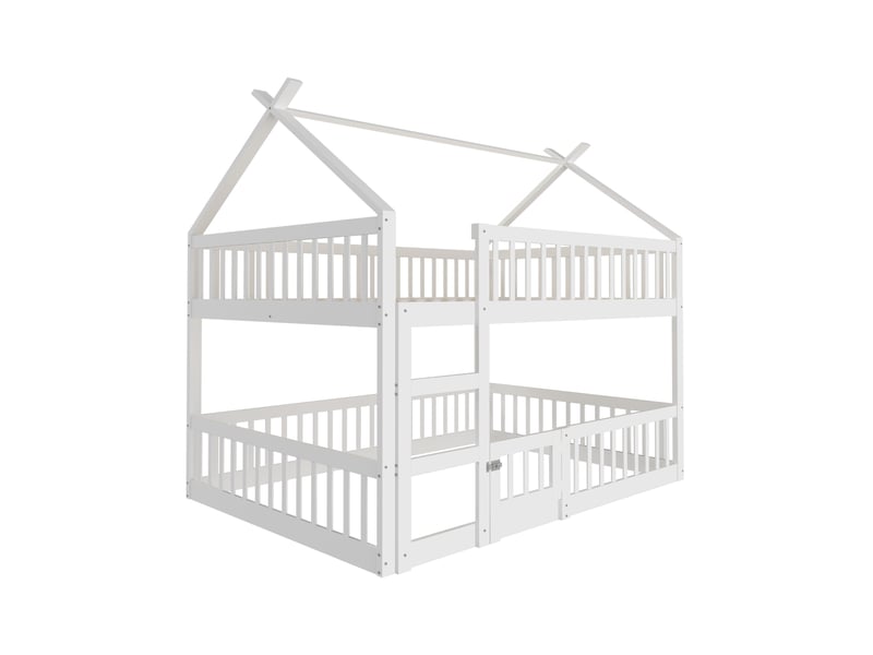 Lit superposé moderne 140x200 cm cabane avec escalier, blanc, sans matelas - Conforama E