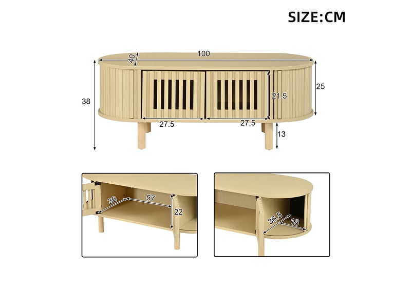  Table basse ovale 100x40x38 cm bois clair, portes à lamelles, porte coulissante et pieds en bois massif Fay Lum - Conforama C