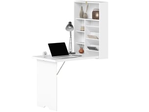 Bureau pliable mural, table murale pliante avec étagères pour salon, salle à manger, bureau, 93,8 x 60 x 147 cm, blanc