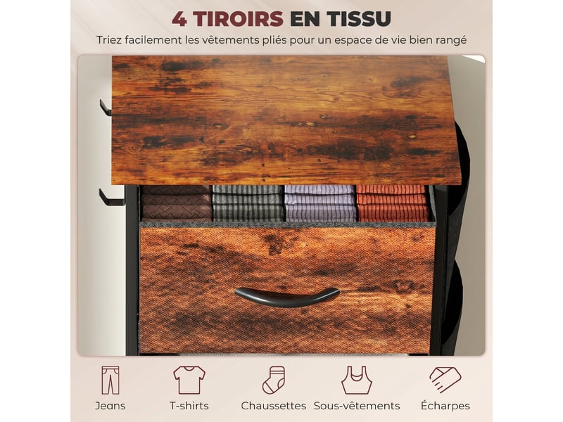  Commode 4 tiroirs en tissu, meuble de rangement avec 4 poches, 2 crochets, structure en acier, 45 x 30 x 94,5 cm, marron  - Conforama D