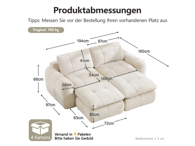 Canapé panoramique modulable 2 places en chenille beige – 194 x 160 x 68 cm Fay Lum - Conforama C
