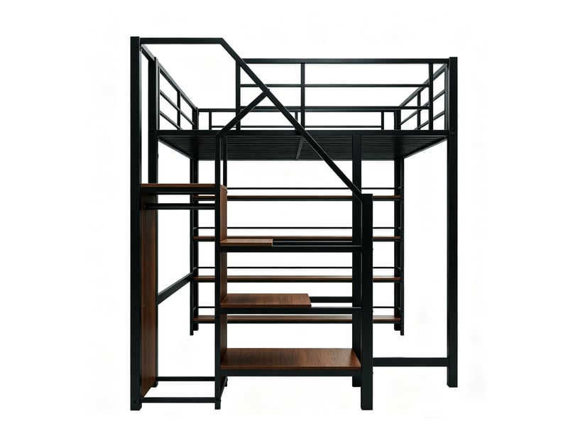 Lit mezzanine enfant 140x200 cm – noir – escalier de rangement, penderie et étagères intégrées - Conforama D