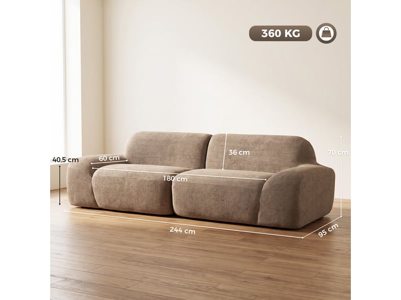  Canapé 3 places en chenille 244 cm, canapé salon moderne, ressorts ensachés, assise et accoudoirs larges, marron clair  - Conforama C