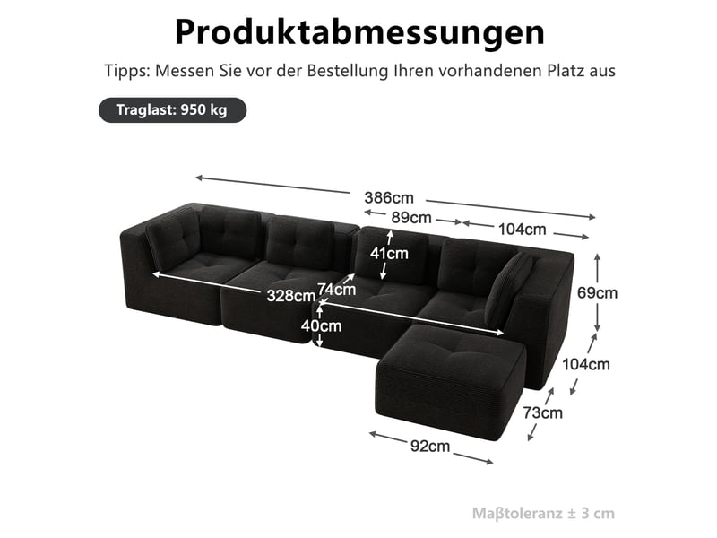 Canapé modulable en l 4 places 386x177x69 cm, coussins doux sans armature, assise profonde, tissu en velours côtelé, noir - Conforama C