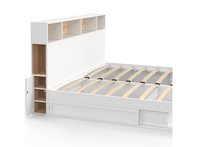  Lit double clem avec rangements + tête de lit et sommier 180 x 200 cm blanc et hêtre  - Conforama E
