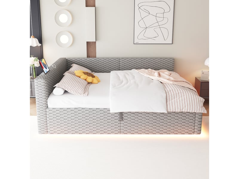  Lit rembourré 140 x 200 cm, coloris gris, éclairage led, prises usb et type-c, sans matelas.  - Conforama E