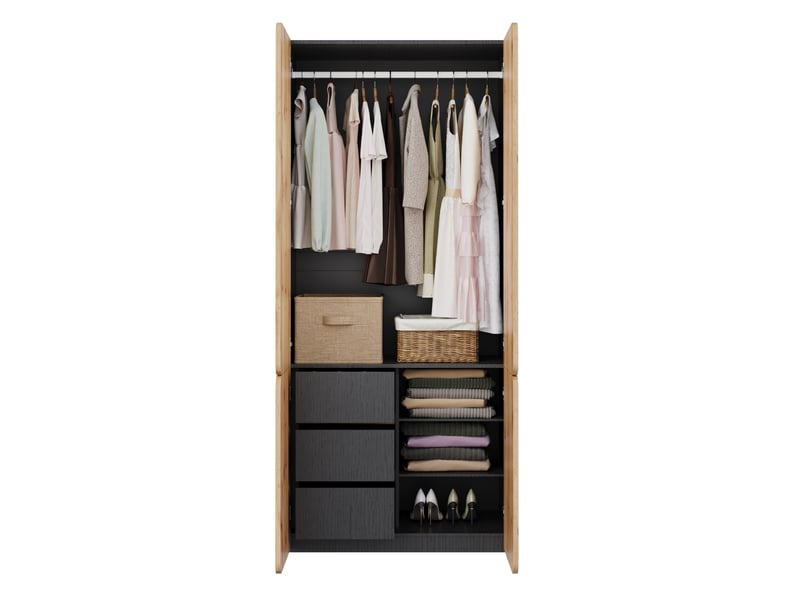 Armoire de chambre 4 portes avec 3 tiroirs et penderie 90x50x200 cm finition chêne - Conforama A