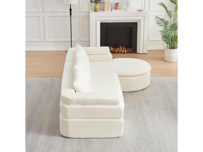  Canapé d'angle modulable 3 places avec chaise longue en chenille beige  - Conforama D