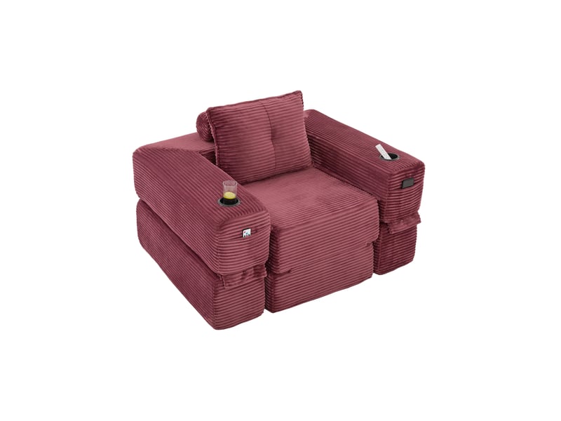 Canapé droit convertible 1 place en velours côtelé rouge bordeaux, poche latérale et porte-gobelet intégrés - Conforama A