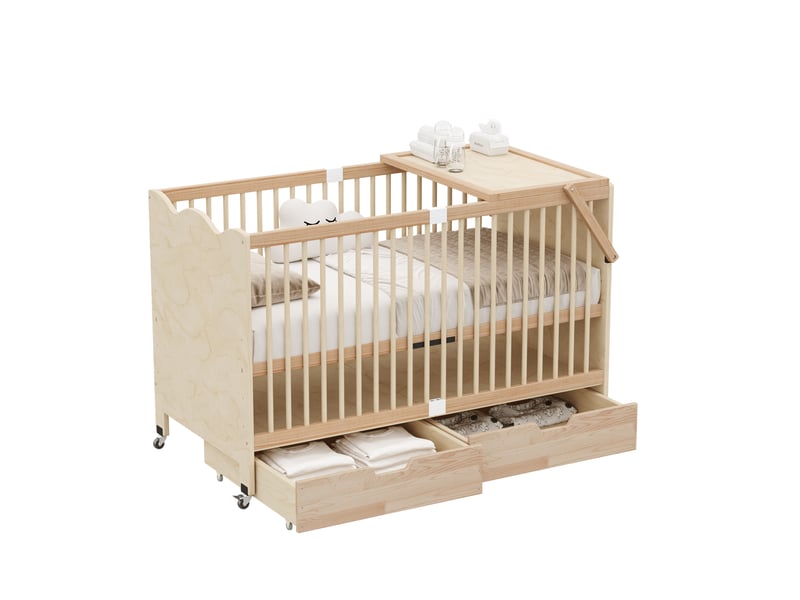  Lit bébé mobile 70x140 cm, 4 hauteurs 2 tiroirs, table à langer, bois de pin naturel sans matelas  - Conforama A