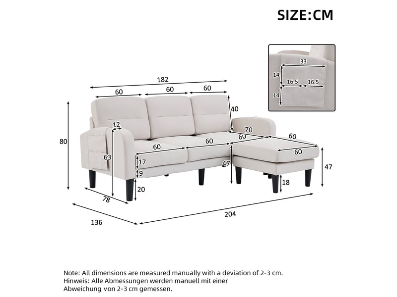  Canapé d’angle 3 places 204x136 cm – beige – modulable, méridienne et poches latérales de rangement  - Conforama C