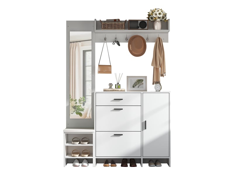  Meubles d'entrée avec 1 tiroir, 2 abattants, 1 porte, 7 niches, miroir, 6 crochets, en mdf, 140×30×200 cm, blanc  - Conforama A