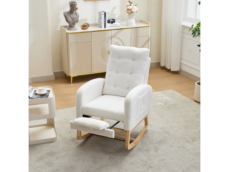  Fauteuil à bascule bouclette blanc avec repose-pieds et port usb, structure en bois massif, 66,5x121,5x102 cm  - Conforama B