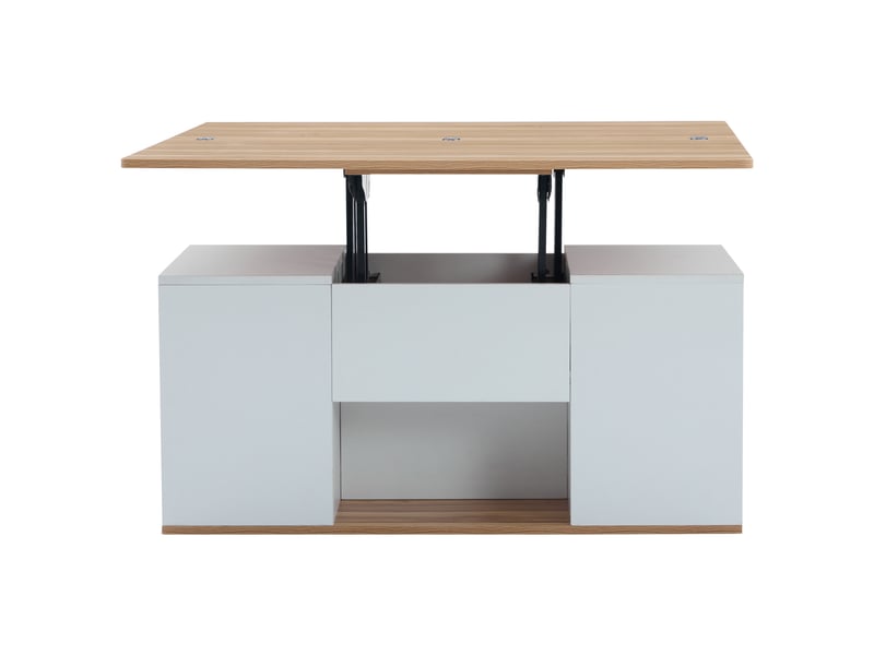  Table basse multifonctionnelle relevable - plateau dépliable en 2 tables, blanc + bois naturel, grande capacité, meuble de salon moderne, table de salle à mangerbureau, table de détente, multifonctionnelle  - Conforama D