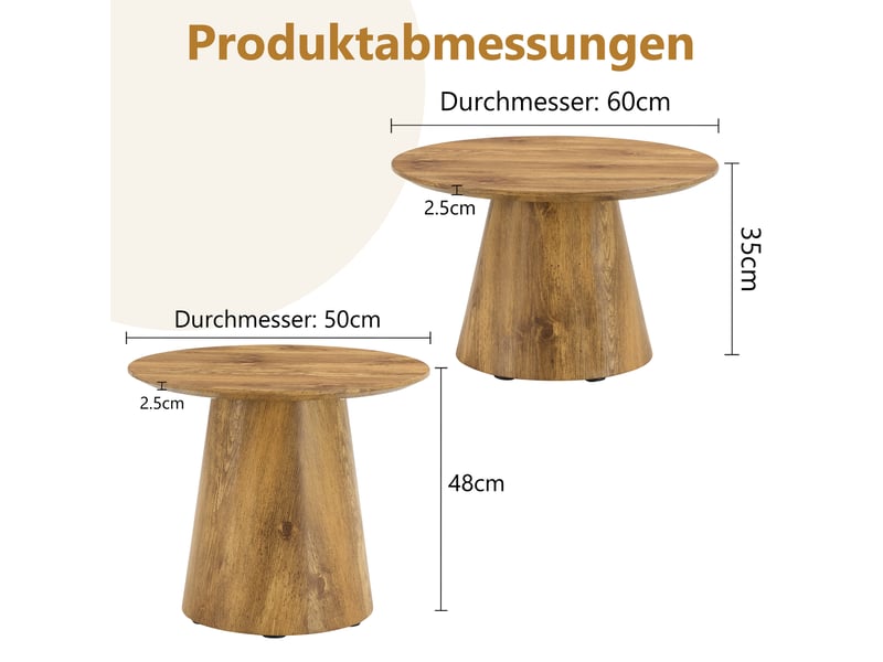 Tables basses gigognes rondes en mdf pour salon 50×48 et 60×35 cm finition bois naturel - Conforama E