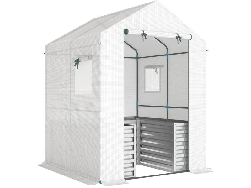 Serre de jardin avec bac surélevé 141 x 141 x 190 cm – blanche – aération réglable et porte enroulable - Conforama A