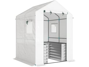 Serre de jardin avec bac surélevé 141 x 141 x 190 cm – blanche – aération réglable et porte enroulable