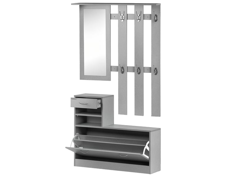  Ensembles 3 en 1 de meuble d'entrée vestiaire avec panneau porte-manteau, effet béton gris, miroir et banc à chaussures - 6 crochets et étagère réglable  - Conforama B