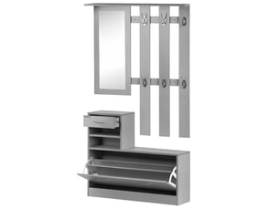 Ensembles 3 en 1 de meuble d'entrée vestiaire avec panneau porte-manteau, effet béton gris, miroir et banc à chaussures - 6 crochets et étagère réglable