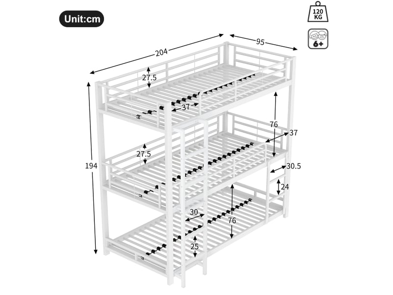  Lit superposé triple 90x200 cm en métal  - Conforama E