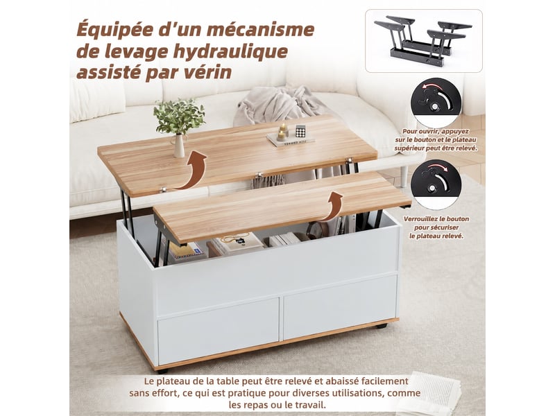  Table basse relevable avec rangement, double plateau, tiroir et roulettes, 100 x 98 x 65, blanc et bois naturel  - Conforama B