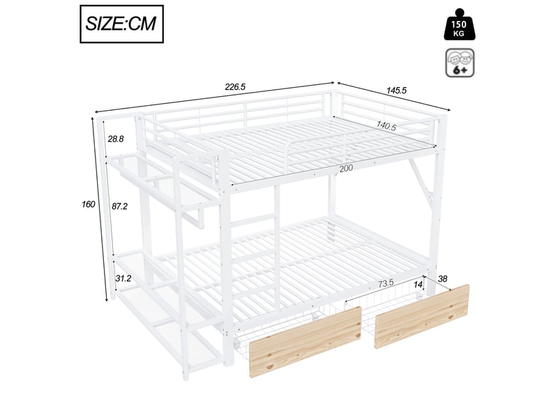  Lit superposé 140 x 200 cm en métal avec led, 2 tiroirs et étagères, blanc  - Conforama C