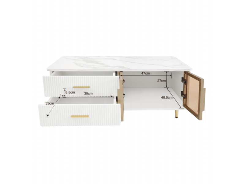  Table basse 100lx50lx40hcm, avec 2 portes, 2 tiroirs, éclairage led, motif marbre, panneaux de particules, blanc  - Conforama E