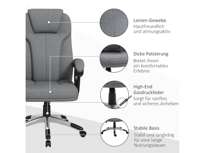  Chaise de bureau ergonomique en lin gris, appui-tête, accoudoirs, inclinable, 66x75x110-120 cm  - Conforama E