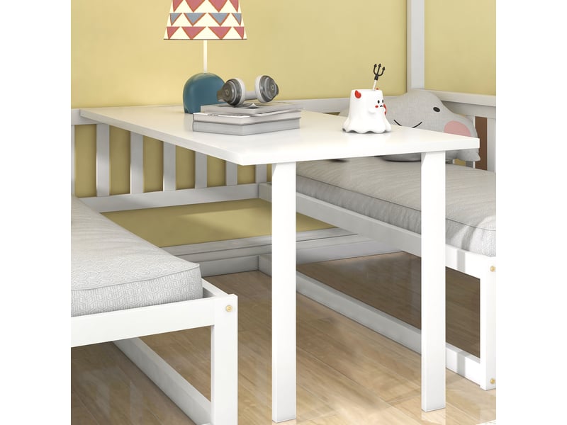  Lit superposé 90x200+120x200cm, lit enfant avec canapé, table, étagères, escalier et sommiers, lit convertible, pin blanc  - Conforama E