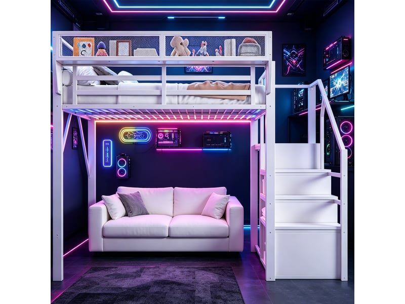  Lit mezzanine 140x200 cm avec bande led, lit surélevé en métal avec échelle sécurisée et rangements modulables, gain de place, blanc OPULERANE TRADING LTD - Conforama B