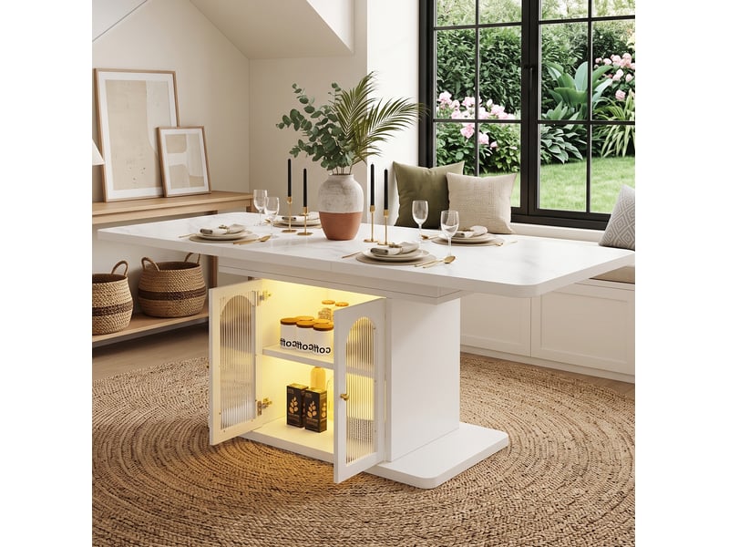  Table de salle à manger extensible 6 à 8 personnes avec rangements et éclairage led, style scandinave blanc effet marbre  - Conforama E