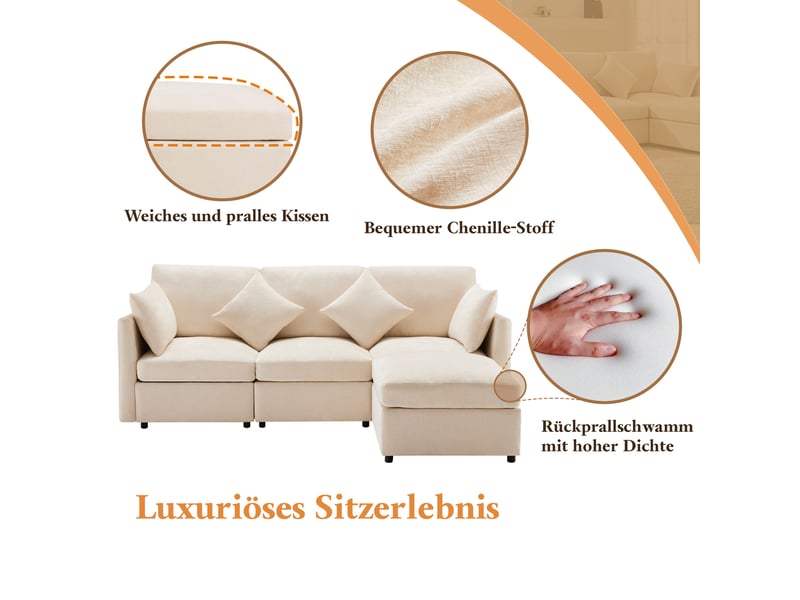 Canapé d'angle modulable 3 places 216x161 cm avec pouf mobile, 4 coussins et tissu chenille - beige - Conforama E