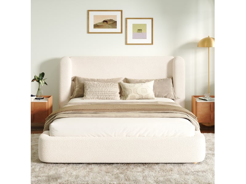  Lit double 180 × 200 cm avec sommier à lattes et tête de lit rembourrée en bouclé beige 218,5 × 209 × 100,5 cm  - Conforama E
