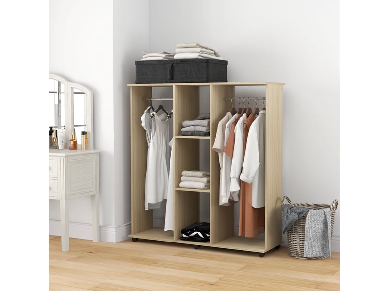  Armoire penderie meuble de rangement mobile 6 roulettes 120l x 40l x 128h cm en bois naturel  - Conforama C