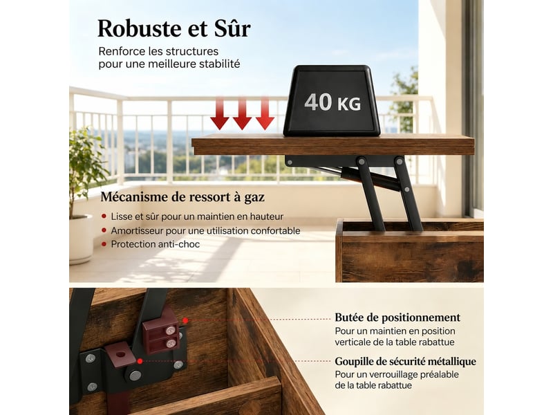  Table basse muvano, table basse relevable à roulettes avec tiroir et rangement, marron rustique 100 x 50,5 x 53 cm  - Conforama D