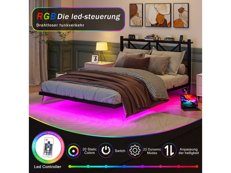 Cadre de lit, lit double 140x200 cm, led, station de recharge, sans matelas, métal noir - Conforama A