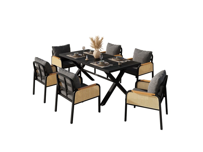  Ensemble table et chaise de jardin avec 1 table et 6 chaises - coussins inclus - fer, polyester et pe - noir et naturel  - Conforama A