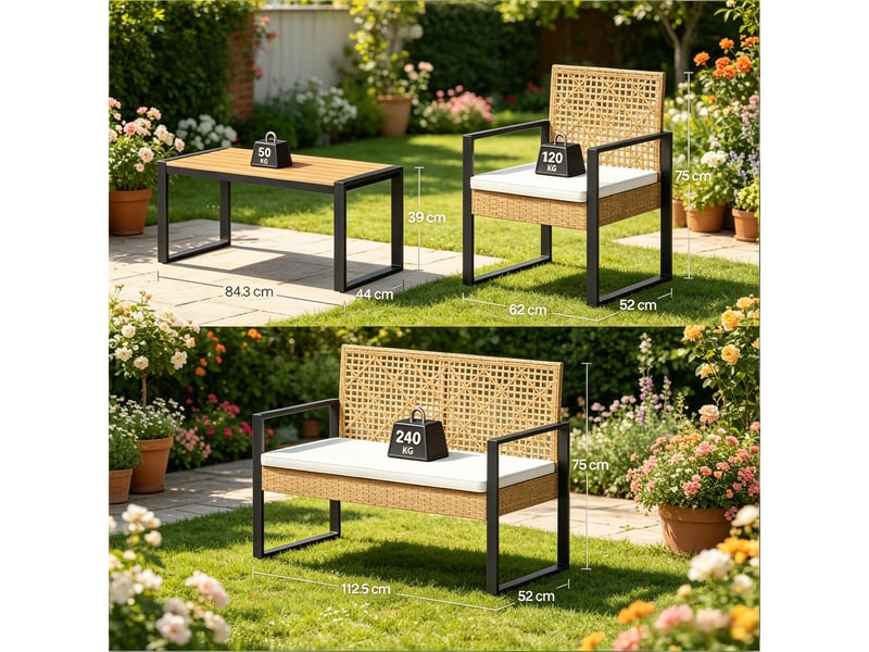  Salon de jardin avec 1 canapé 2 places, 2 fauteuils et 1 table basse, rotin pe, métal et tissu, bois naturel  - Conforama D