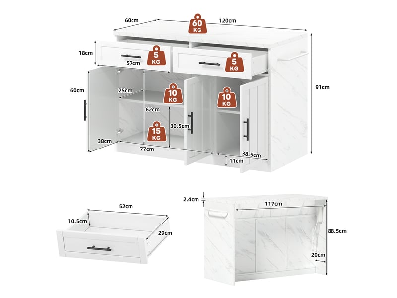  Îlot de cuisine fixe 120 x 60 x 91 cm avec prises usb, rangements, blanc  - Conforama C