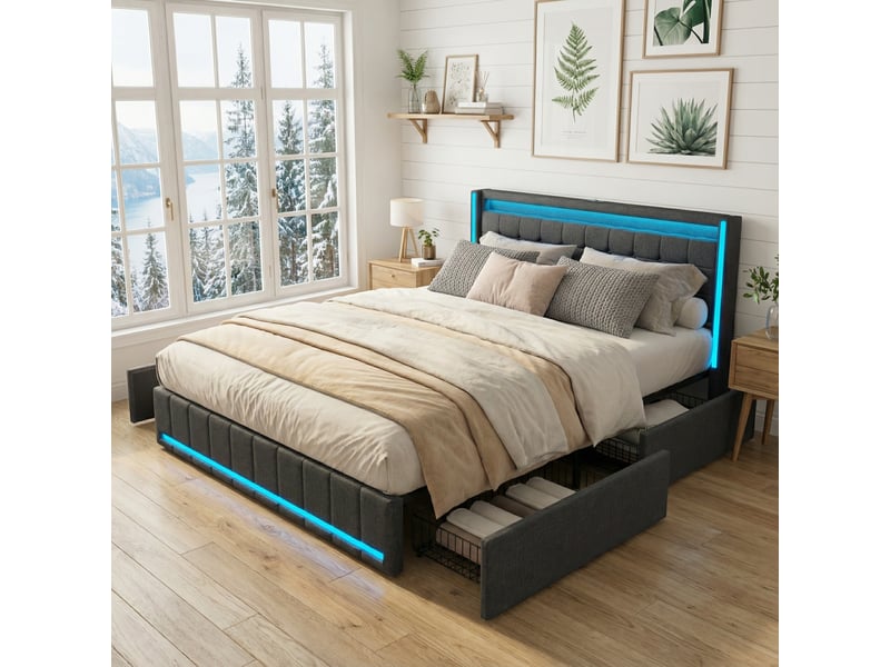 Lit adulte 180x200 avec 4 tiroirs de rangement et led rgb - tête de lit connectée usb & usb-c - tissu gris foncé moderne - Conforama B