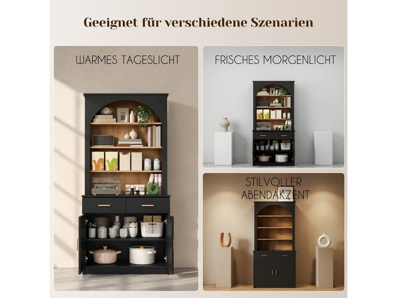  Armoire de cuisine haute 80x40x180cm, façade ondulée, 2 portes, 2 tiroirs, poignées dorées et étagères réglables, noir et bois naturel, cuisine  - Conforama E