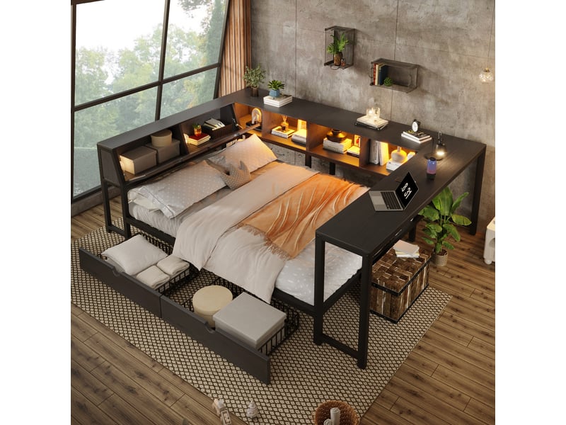  Lit avec rangement 140 × 200 cm noir en mdf et métal, avec 2 tiroirs, bureau intégré, tête et pied de lit à rangements  - Conforama E